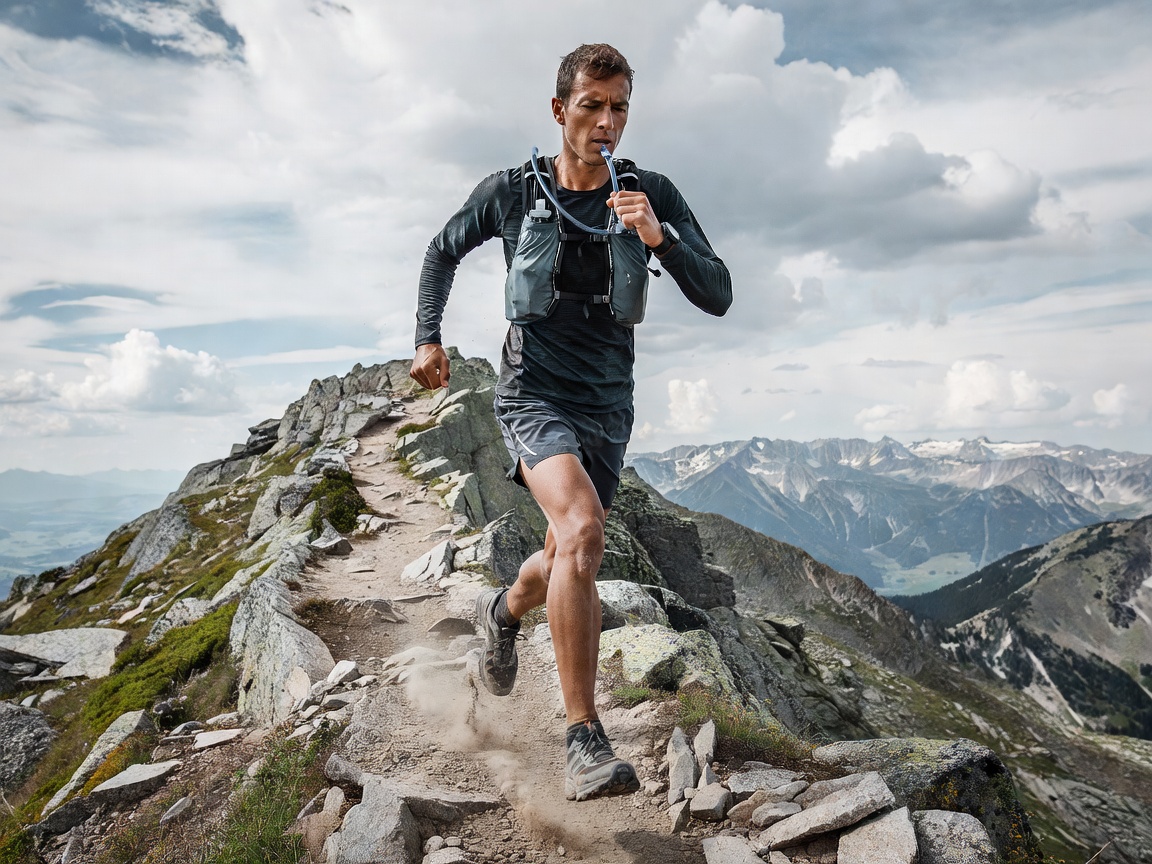 Endurance trail runner using HydraShell wearable hydration system on alpine ridge