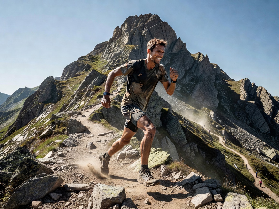 Mountain trail runner ascending steep rocky peak during ultra marathon endurance trial