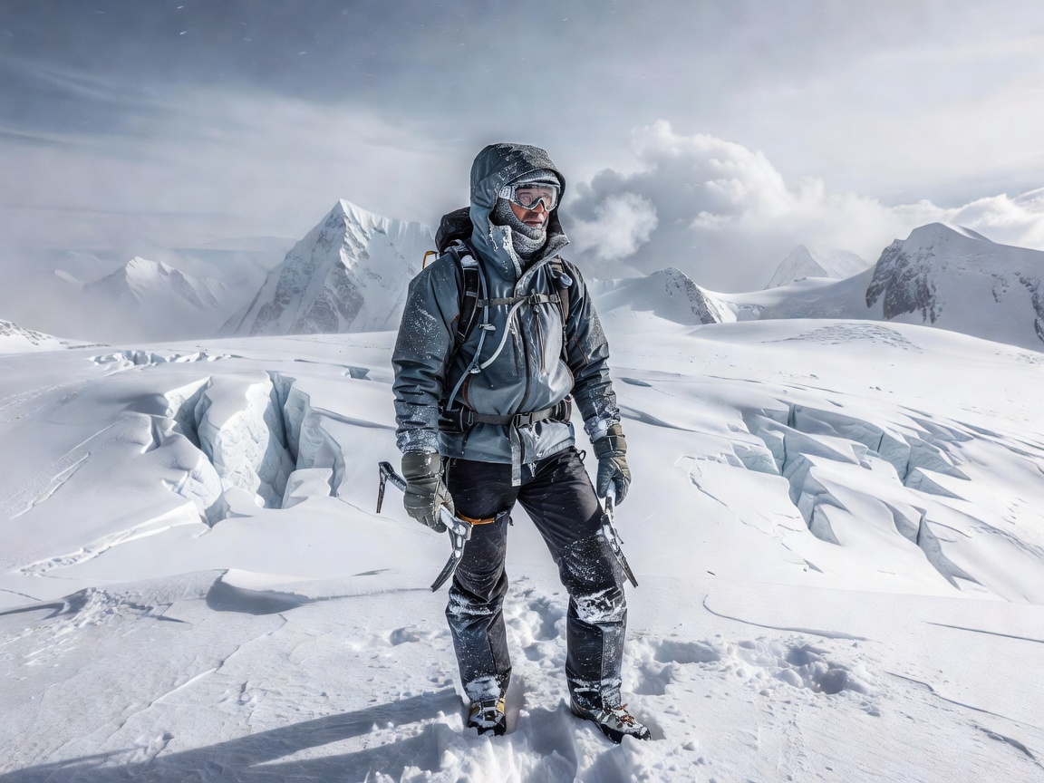 Mountaineer on snowy glacial summit wearing weather-sealed hydration jacket