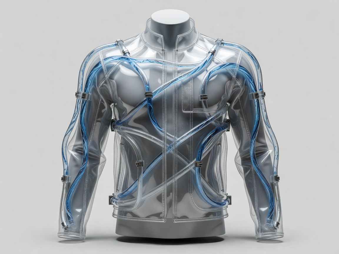 Technical transparent jacket construction and liquid flow tubing diagram visual